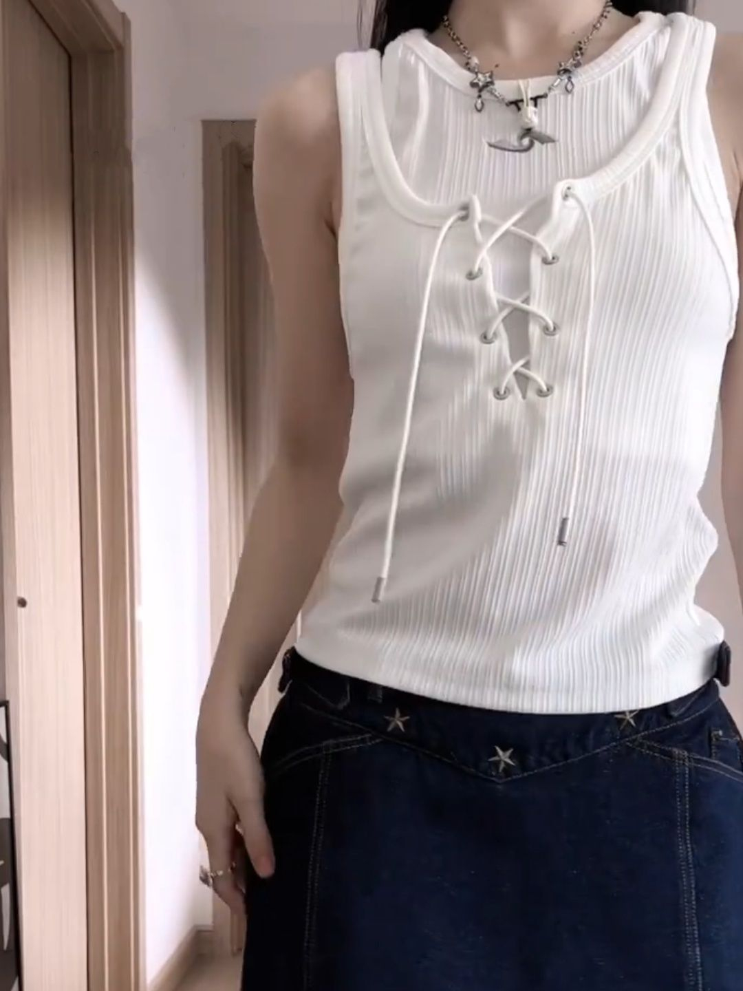 Niche chic fake two-piece asymmetrical design lace-up vest for women summer outer top for women