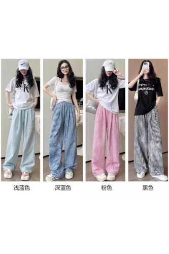 Black plaid pants women's summer thin 2024 new high-waisted walking Yamamoto pants small casual ice silk wide-leg pants