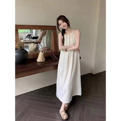 Summer apricot color niche design sleeveless loose slim casual simple A-line halterneck elegant long skirt dress