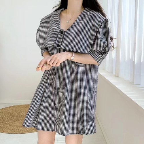 Korean chic niche age-reducing navy collar contrasting plaid single-breasted loose puff sleeve petite dress for women