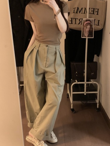 Actual shot~Korean style versatile niche wide-leg pants casual trousers + slimming short-sleeved T-shirt