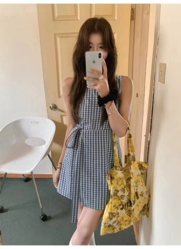 Small design French blue retro plaid lace color-blocking round neck sleeveless dress that covers the flesh and looks slimming