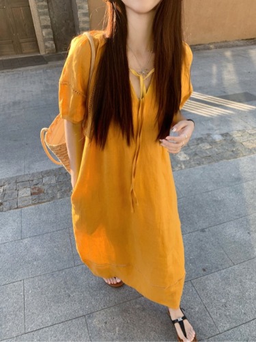 Actual shot~ Dopamine bright yellow loose V-neck lantern sleeve linen dress for women simple casual long dress