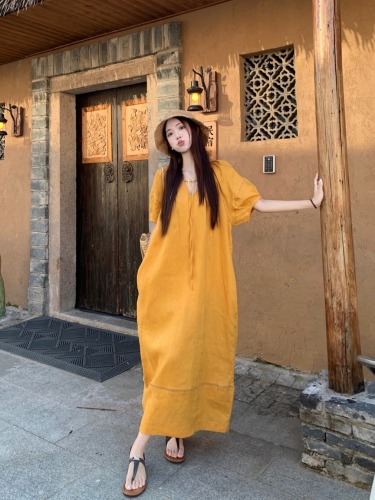 Actual shot~ Dopamine bright yellow loose V-neck lantern sleeve linen dress for women simple casual long dress