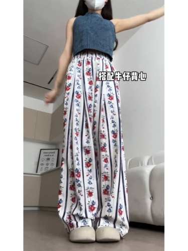 Niche rose style retro floral casual pants for women summer thin loose drape wide leg pants floor mopping wide leg pants