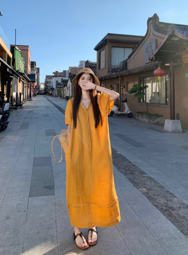 Actual shot~ Dopamine bright yellow loose V-neck lantern sleeve linen dress for women simple casual long dress