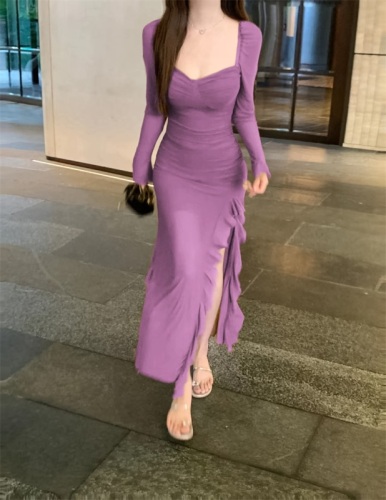 Real shot!  Hot girl style purple square neck mesh dress women's ruffled splicing slit slimming long skirt