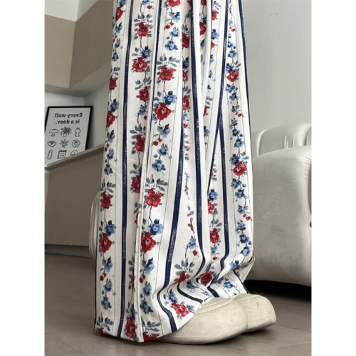 Niche rose style retro floral casual pants for women summer thin loose drape wide leg pants floor mopping wide leg pants