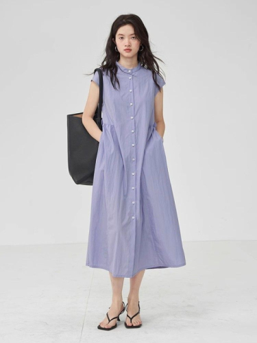 Women's summer new retro small stand-up collar shirt dress loose casual style high waist slim straight mid-length skirt