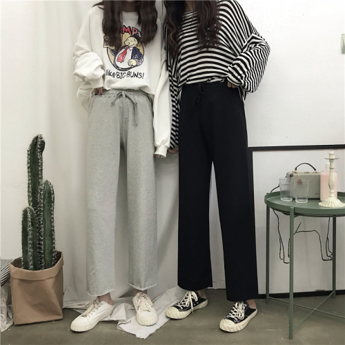 Korean style thin casual pants, loose slimming elastic waist students versatile straight wide leg pants for women