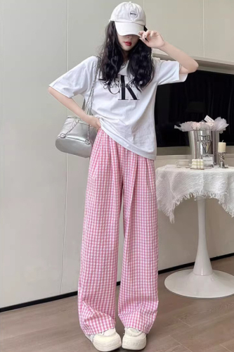 Black plaid pants women's summer thin 2024 new high-waisted walking Yamamoto pants small casual ice silk wide-leg pants