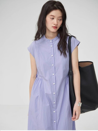 Women's summer new retro small stand-up collar shirt dress loose casual style high waist slim straight mid-length skirt