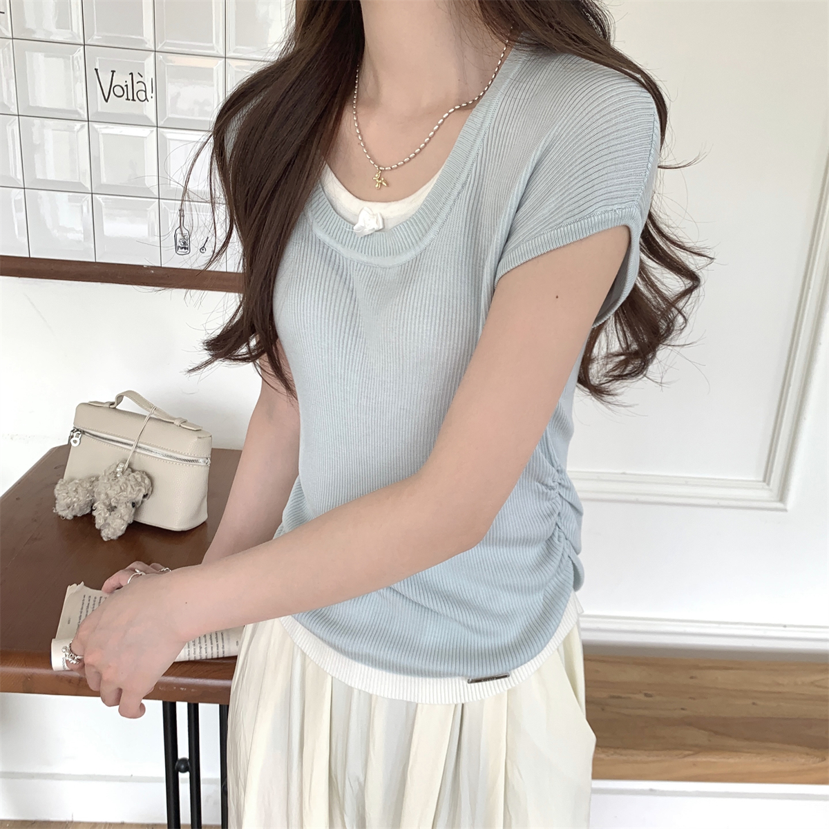 Real shot of summer Korean style temperament u-neck contrasting fake two-piece pleated design 6 wool knitted short-sleeved tops