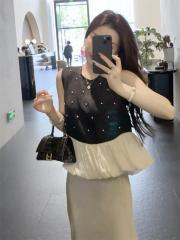 French hot diamond contrasting color stitching sleeveless slimming loose vest women's high waist versatile drape slim skirt suit