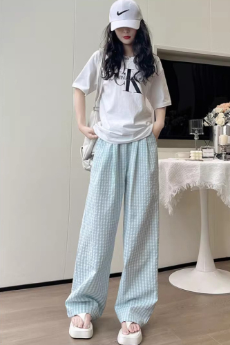 Black plaid pants women's summer thin 2024 new high-waisted walking Yamamoto pants small casual ice silk wide-leg pants