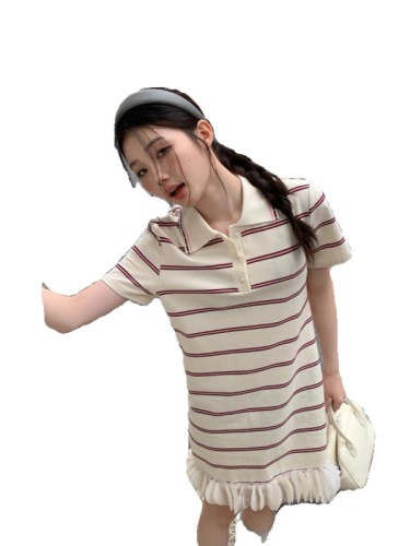 Striped splicing lace polo collar a-line dress for women with summer design niche mid-length dress for small people