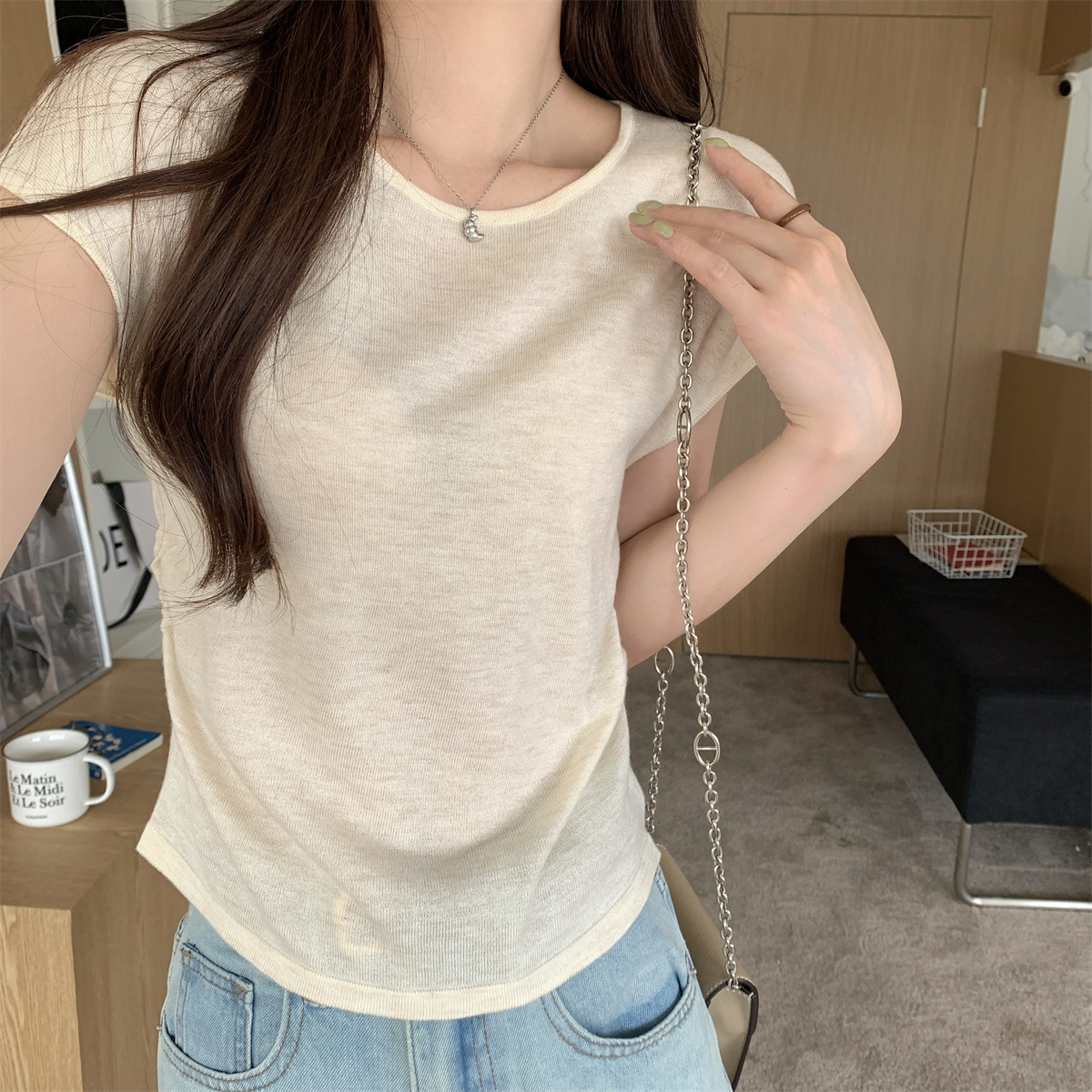 Real shot of summer Korean style slim-fitting round neck pleated sleeves slimming design 6 wool knitted short-sleeved top