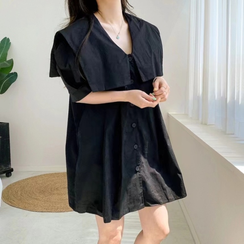 Korean chic niche age-reducing navy collar contrasting plaid single-breasted loose puff sleeve petite dress for women