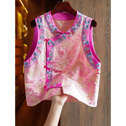 Quality Inspection Officer Picture Retro Printed Satin Chinese Vest Women's Waistcoat Unique and Chic Chinese Style Tang Suit Top Summer