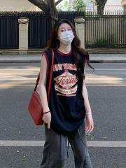Pure cotton summer new retro trendy sports letter print splicing sleeveless t-shirt women's mid-length vest top