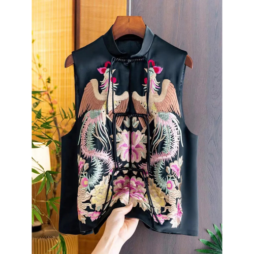 Quality inspector's picture Chinese style stand-up collar plate buckle printed vest for women autumn new peony retro heavy industry vest for women