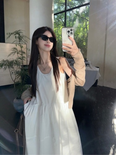 Actual shot ~ Literary Baroque pure cotton U-neck A-line white sleeveless vest dress for women