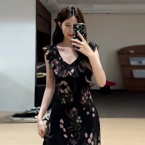 Tea break French high-end black floral dress women's summer 2024 new small temperament long dress