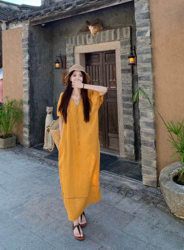 Actual shot~ Dopamine bright yellow loose V-neck lantern sleeve linen dress for women simple casual long dress