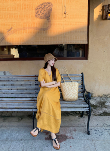 Actual shot~ Dopamine bright yellow loose V-neck lantern sleeve linen dress for women simple casual long dress