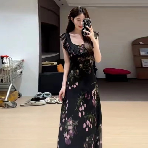 Tea break French high-end black floral dress women's summer 2024 new small temperament long dress