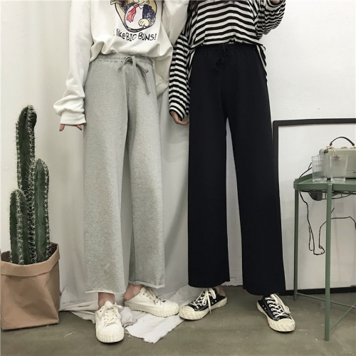 Korean style thin casual pants, loose slimming elastic waist students versatile straight wide leg pants for women