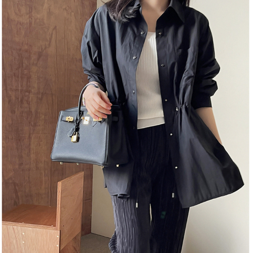 Korean style early autumn coat thin mid-length cardigan drawstring waist shirt style windbreaker coat mid-length