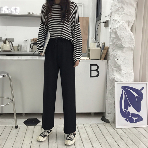 Korean style thin casual pants, loose slimming elastic waist students versatile straight wide leg pants for women