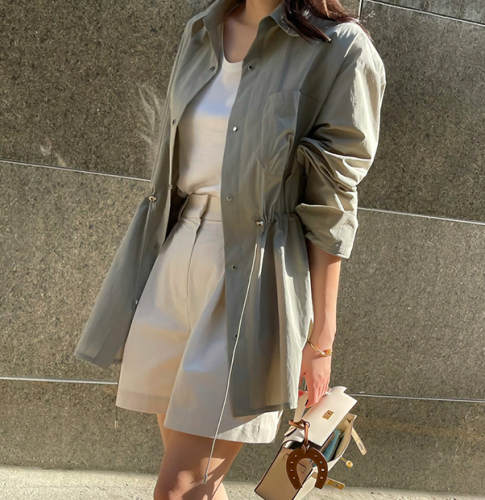 Korean style early autumn coat thin mid-length cardigan drawstring waist shirt style windbreaker coat mid-length