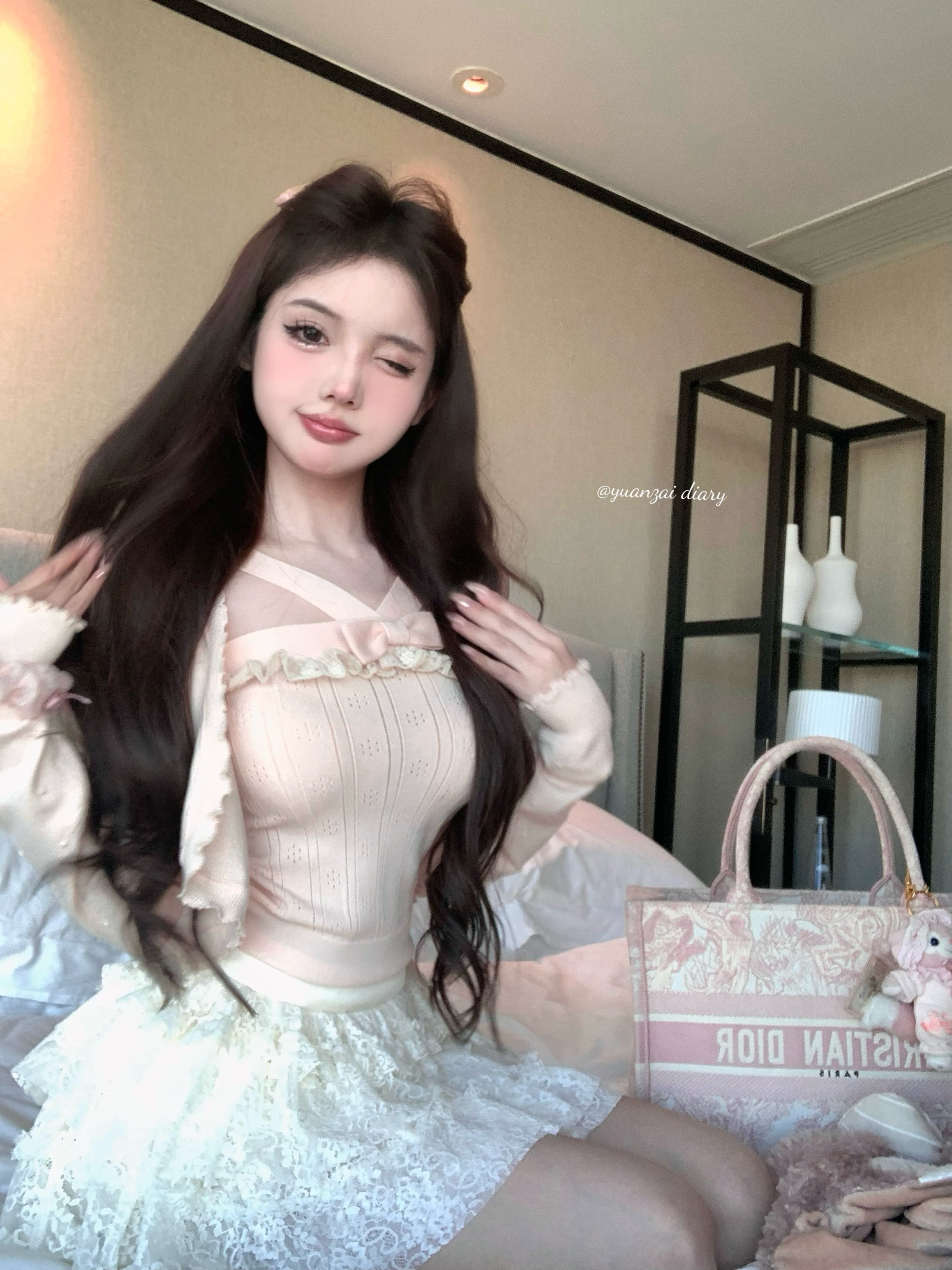 Real shot of bow cross halter neck knitted suspender + wave edge sun protection cardigan + heavy lace cake skirt for women
