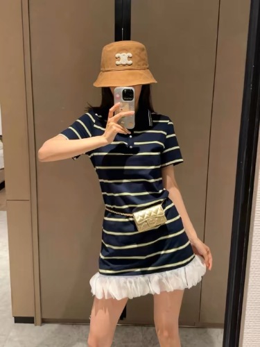 Striped splicing lace polo collar a-line dress for women with summer design niche mid-length dress for small people