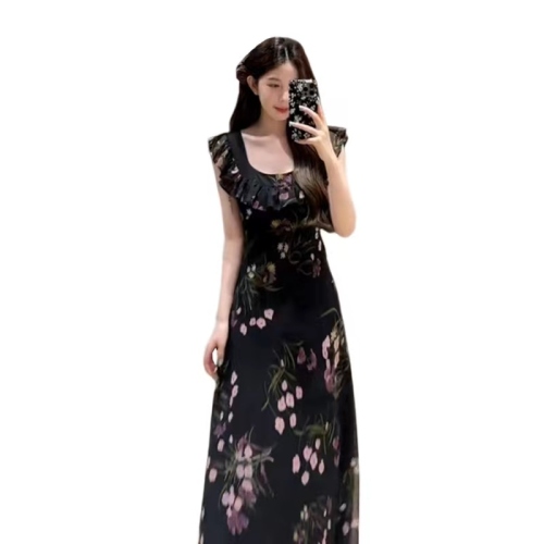 Tea break French high-end black floral dress women's summer 2024 new small temperament long dress