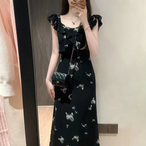 Feifei Sleeve Black Floral Dress Women's Summer 2024 New Design Sweet and Spicy Long Dress