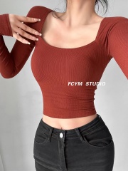 Windmill and Spear Slim-fitting bottoming top European and American style hot girl generous square collar sexy high-waisted short pit long-sleeved T-shirt