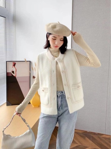 High-definition mink velvet small fragrant vest for women 2024 new autumn Korean style versatile round neck cardigan sleeveless top jacket