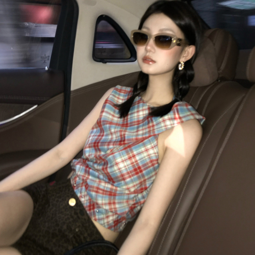 2024 Summer New Retro Red Plaid Swing Collar Top Women's Summer Hot Girl Sleeveless Hooded Outer Wear Vest Top