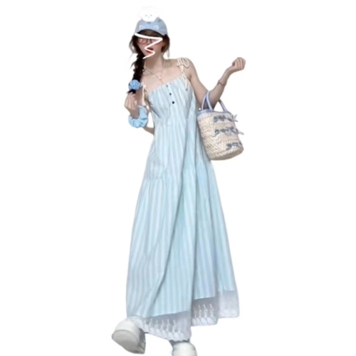 French First Love Blue Suspender Dress Women's Summer 2024 New Small Seaside Resort Style Beach Long Dress