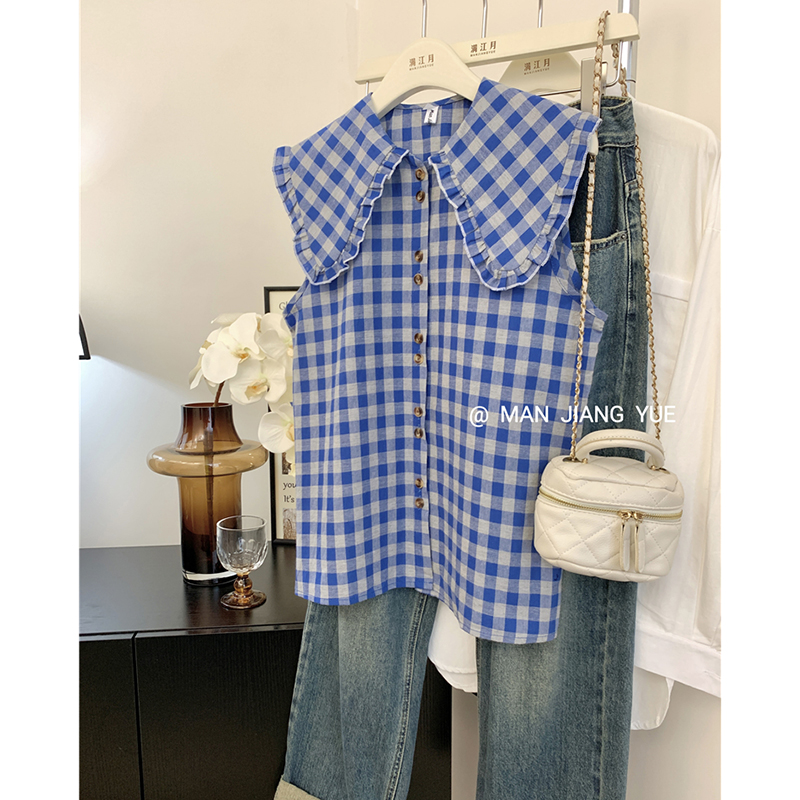 Women's retro, gentle, age-reducing, slim outer wear, doll collar top, plaid ruffled shirt and vest