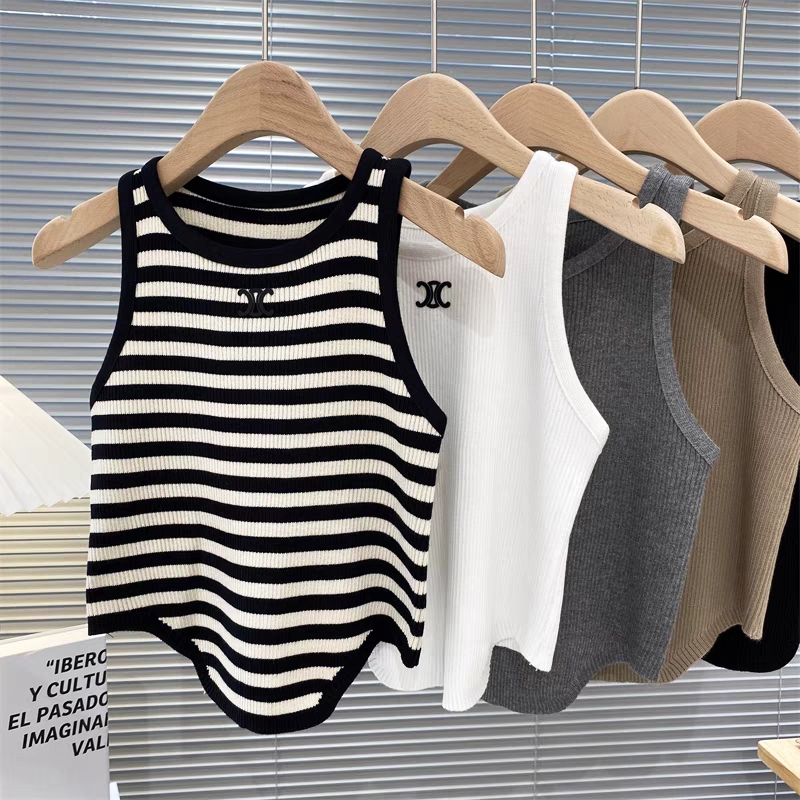 European and American elastic slimming trendy short striped ice silk vest for women to wear inside and outside with fashionable hem and irregular hem