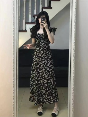 Tea break French Hepburn style black floral dress women's summer 2024 new style temperament waist long skirt advanced