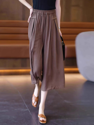 Women's new summer casual trousers with a sense of drape and smoothness. High-waisted, loose, slimming, three-quarter ice silk wide-leg pants.