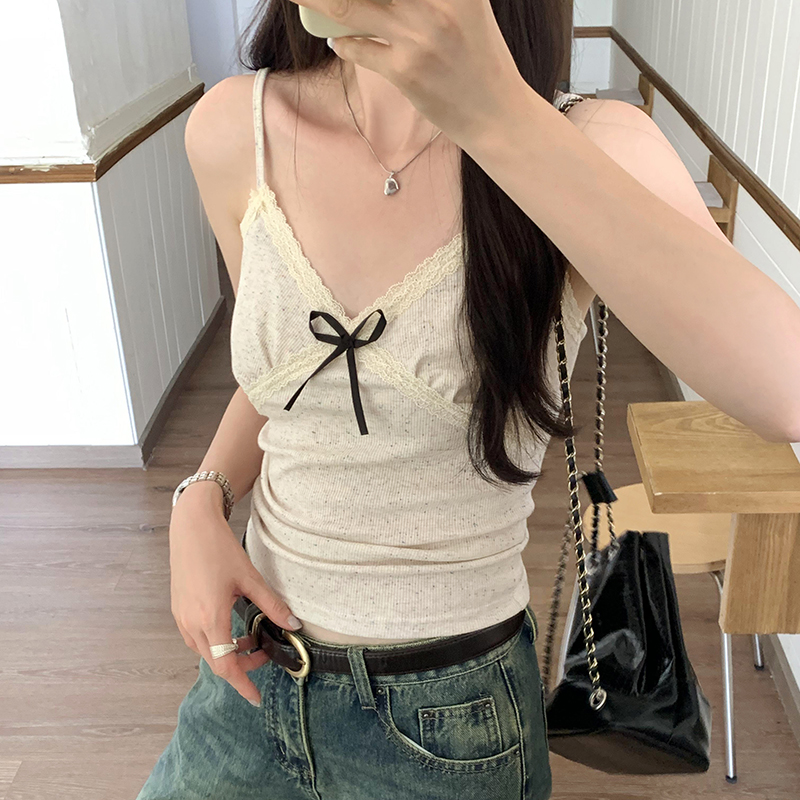 Actual pictures of pure desire cross lace V-neck bow colorful dot suspender women's summer new inner bottoming top