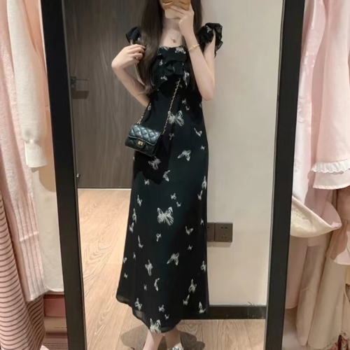 Feifei Sleeve Black Floral Dress Women's Summer 2024 New Design Sweet and Spicy Long Dress