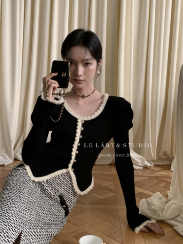 2024 spring new fashionable French princess sleeves socialite sweater to make you look slim and high-end and gentle lace sweater for women