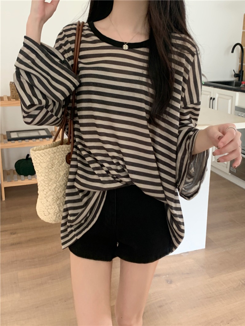 Real shot, real striped trumpet long-sleeved sun protection T-shirt, summer loose and lazy top